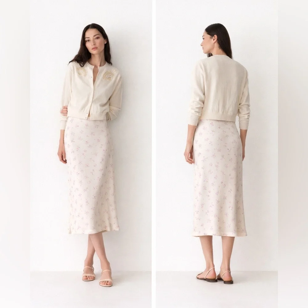 DÔEN Elowen Silk Midi Skirt XS Rose Hillside Heather Floral Bias Cut​